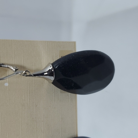 Macy's silver wire with black onyx stone dangle earrings - Picture 2 of 5